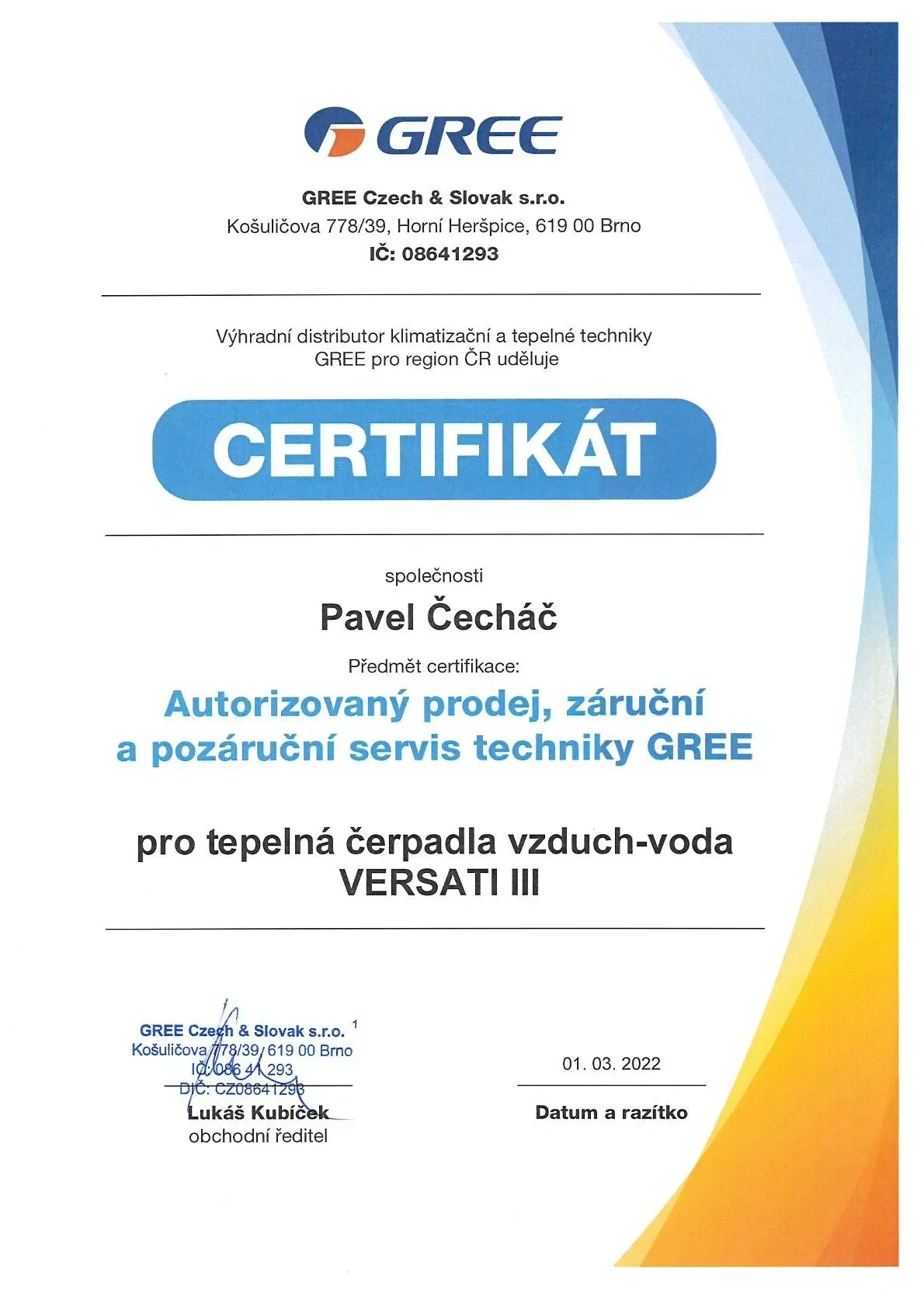 Certifikát GREE — Pavel Čecháč