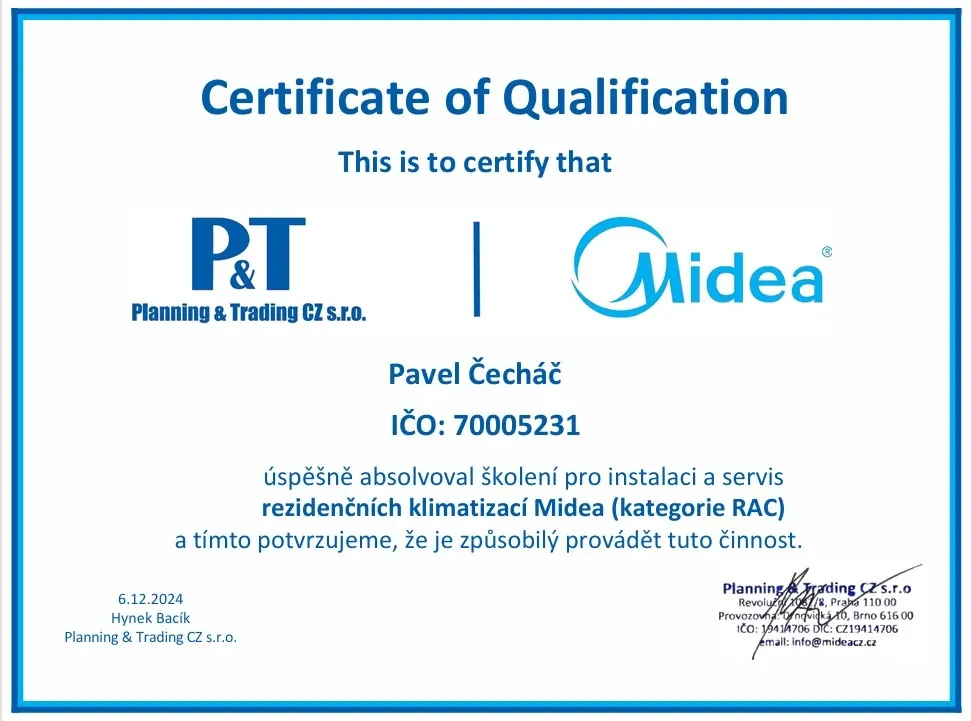 Certifikát Midea — Pavel Čecháč