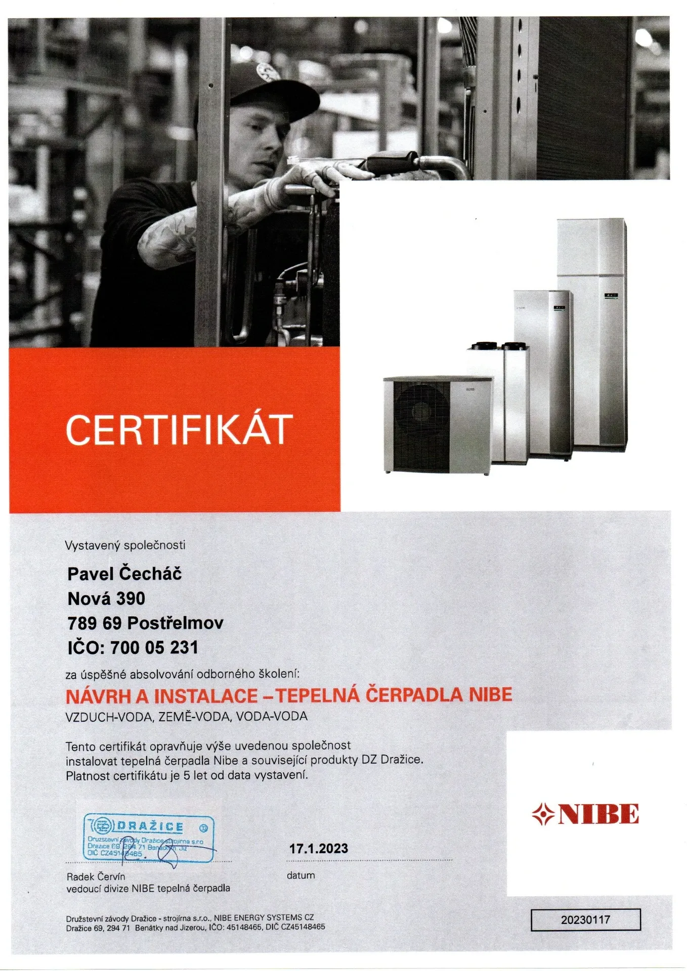 Certifikát NIBE — Pavel Čecháč
