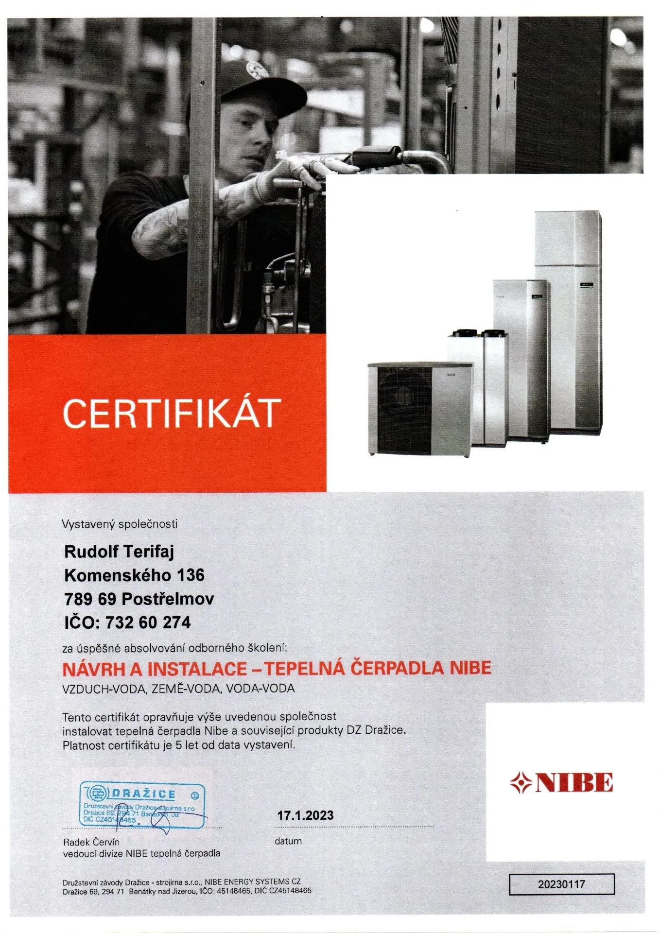 Certifikát NIBE — Rudolf Terifaj