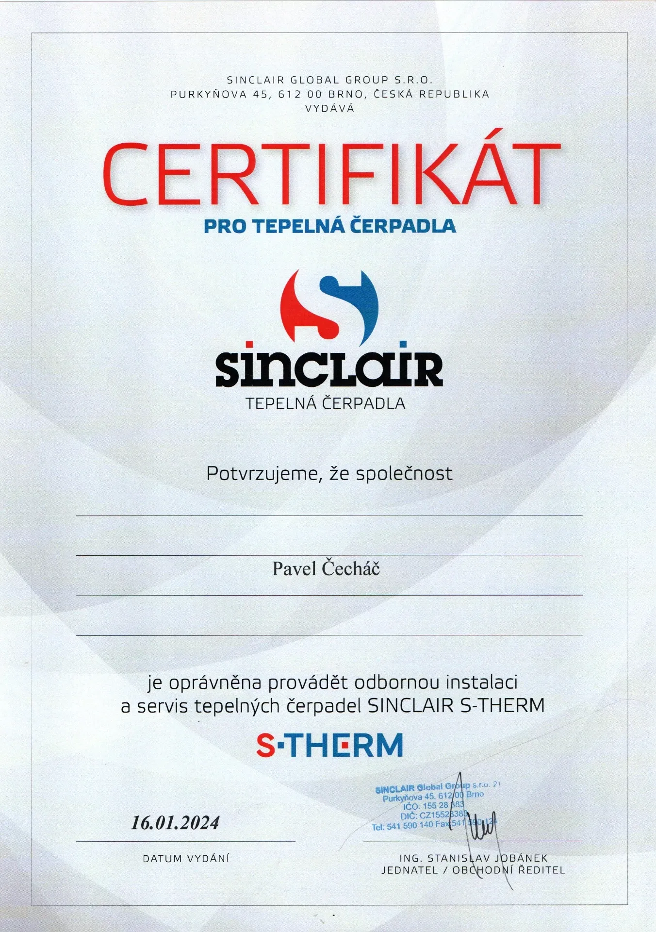 Certifikát Sinclair — Pavel Čecháč