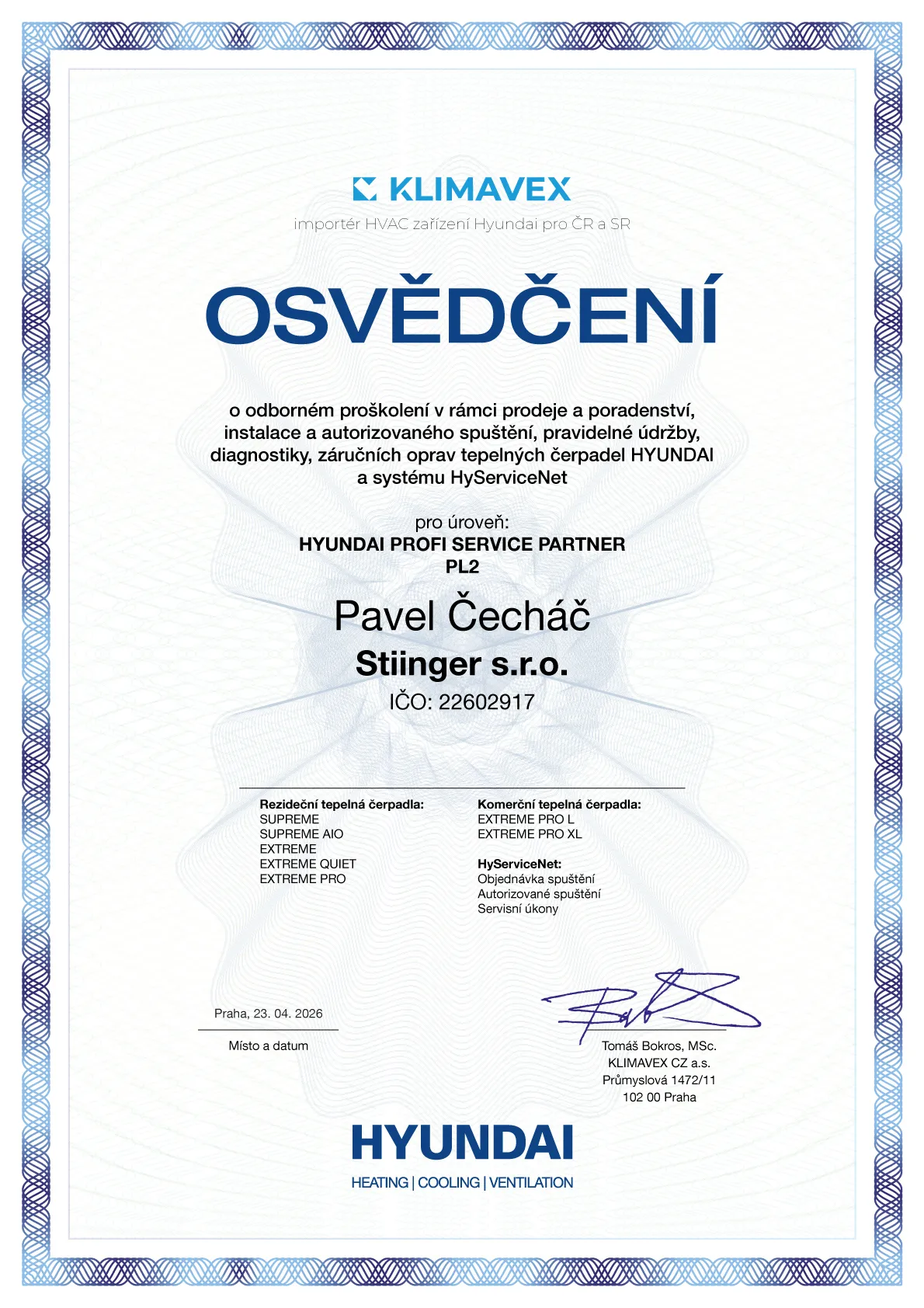 Osvědčení HYUNDAI — Pavel Čecháč