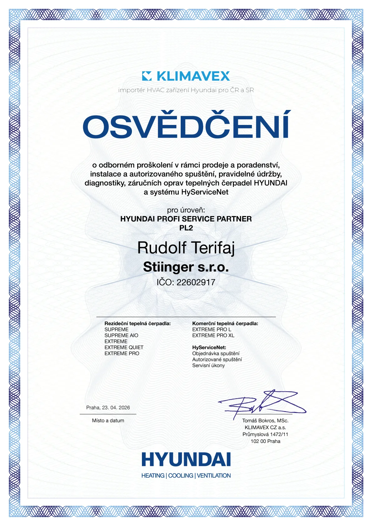Osvědčení HYUNDAI — Rudolf Terifaj