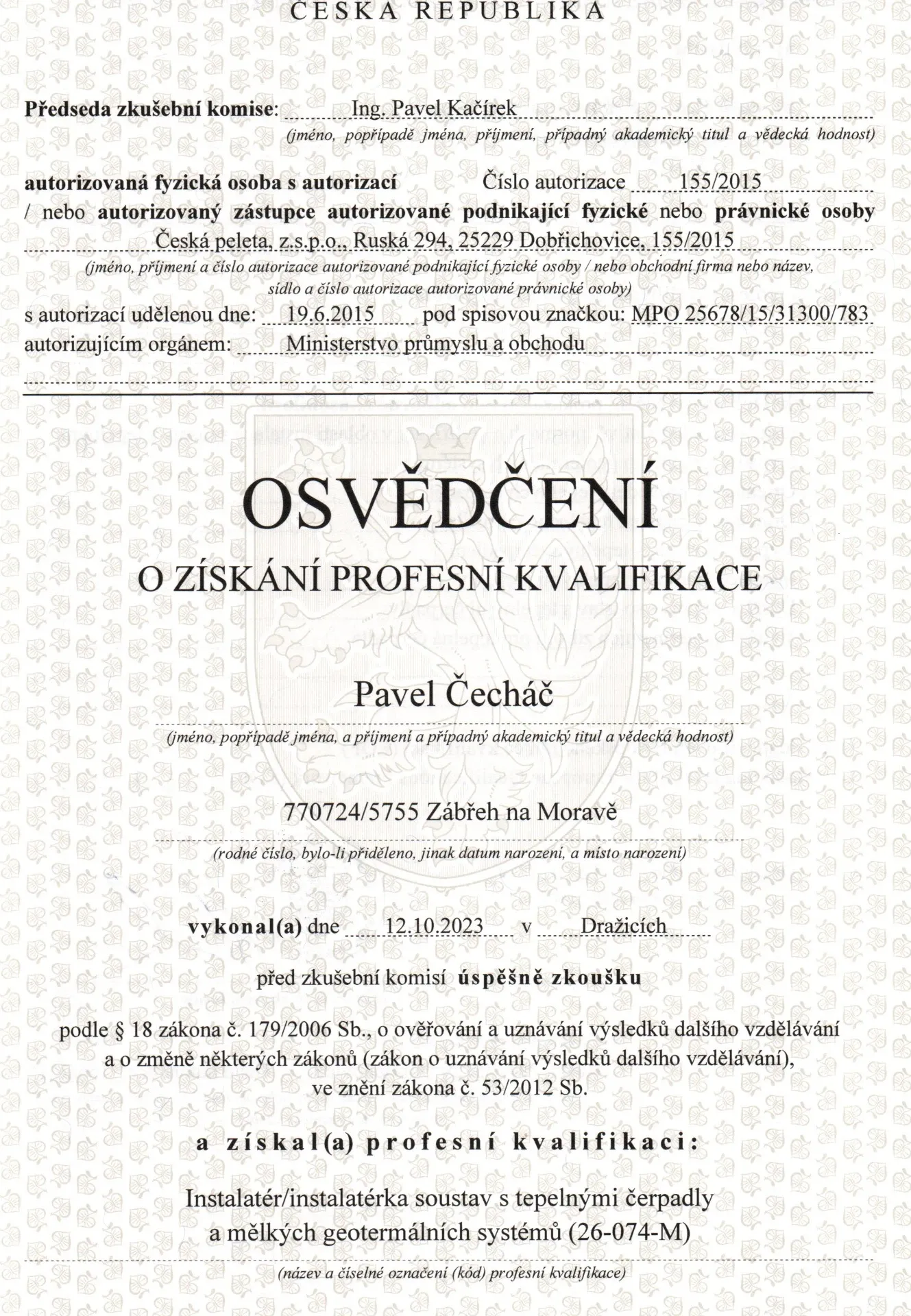 Osvědčení o profesní kvalifikaci — Pavel Čecháč