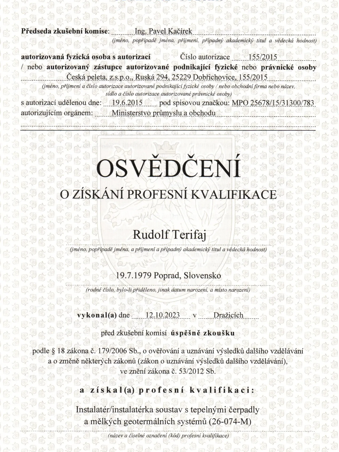 Osvědčení o profesní kvalifikaci — Rudolf Terifaj